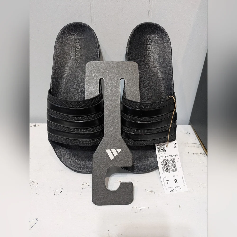 Adidas Adilette Shower Slides Black On Black Stripe New Mens 7‎ Womens 8